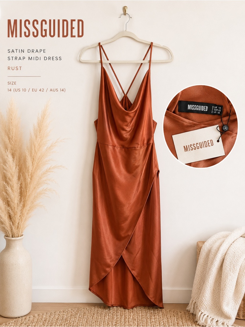NWT Missguided Rust Satin Drape Midi Dress | Size 10 | Cowl Neck Slip Dress